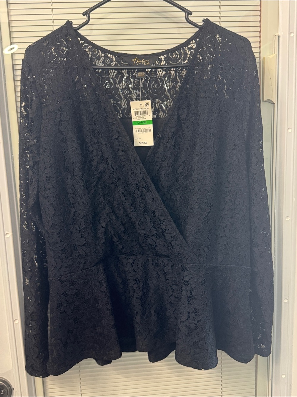 NWT Thalia Sodi Black Lace Peplum Blouse Size Large -MSRP $70